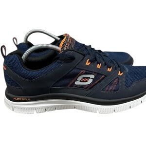 Men’s Skechers Navy & Orange Mesh S Logo Lightweight Running Sneakers, Size 12.